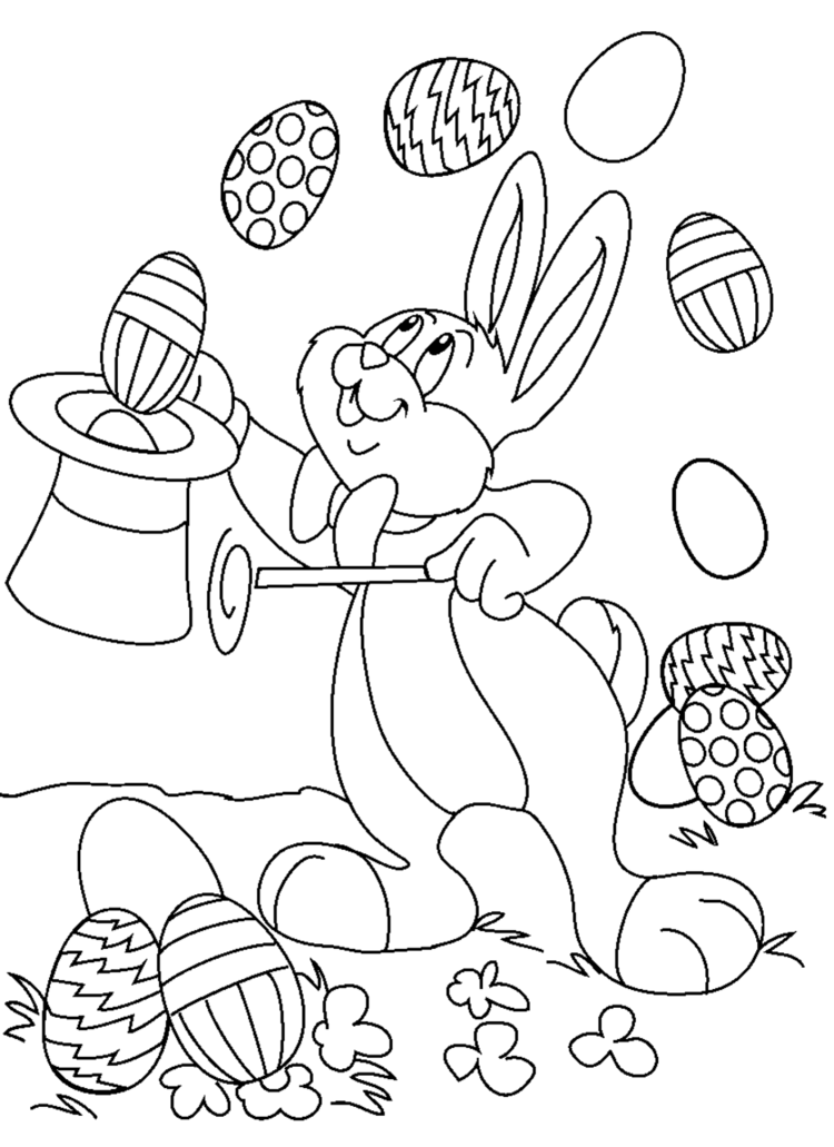 coloriage de Pâques à imprimer- lapin qui jongle avec des oeufs