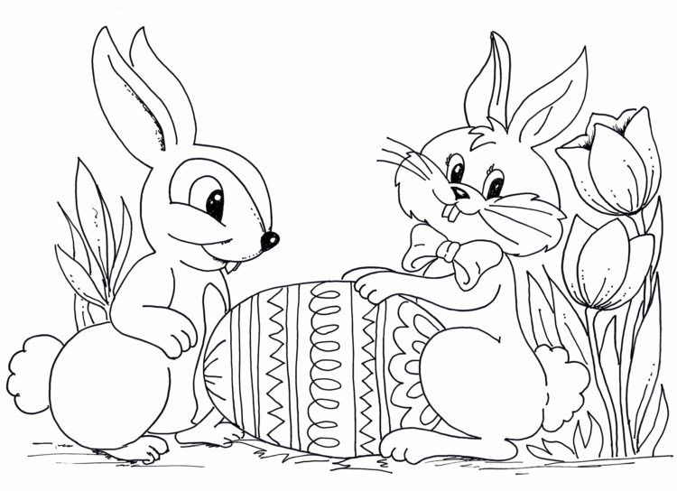 coloriage de Pâques à imprimer- deux lapins et oeuf à motifs