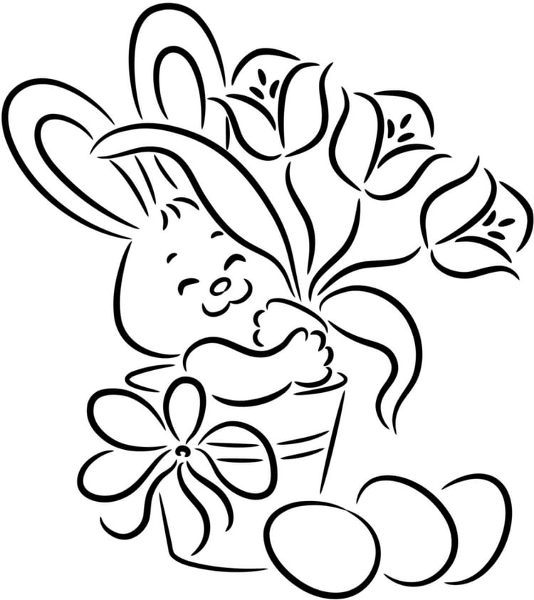 coloriage de Pâques à imprimer gratuit- lapin fleurs et oeufs