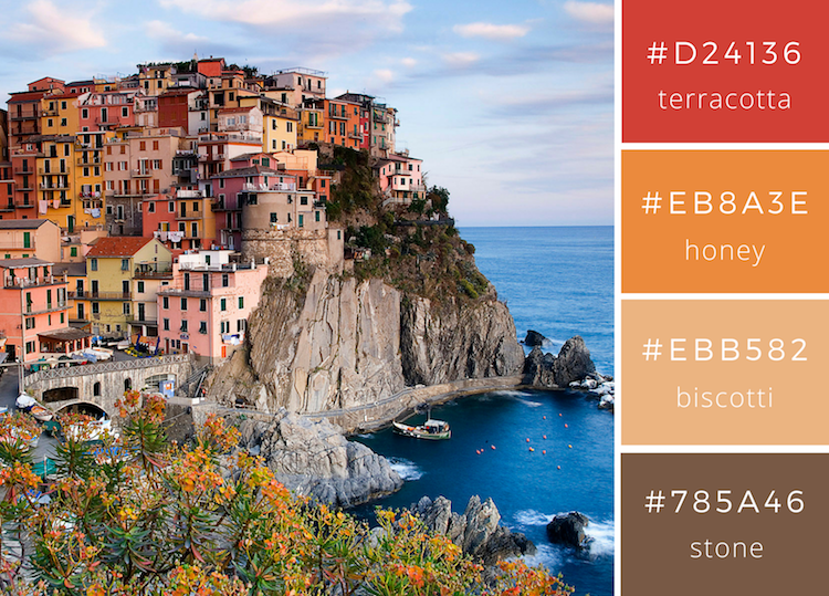 couleurs tendance 2018 - palette voyage Cinque Terre, Itali