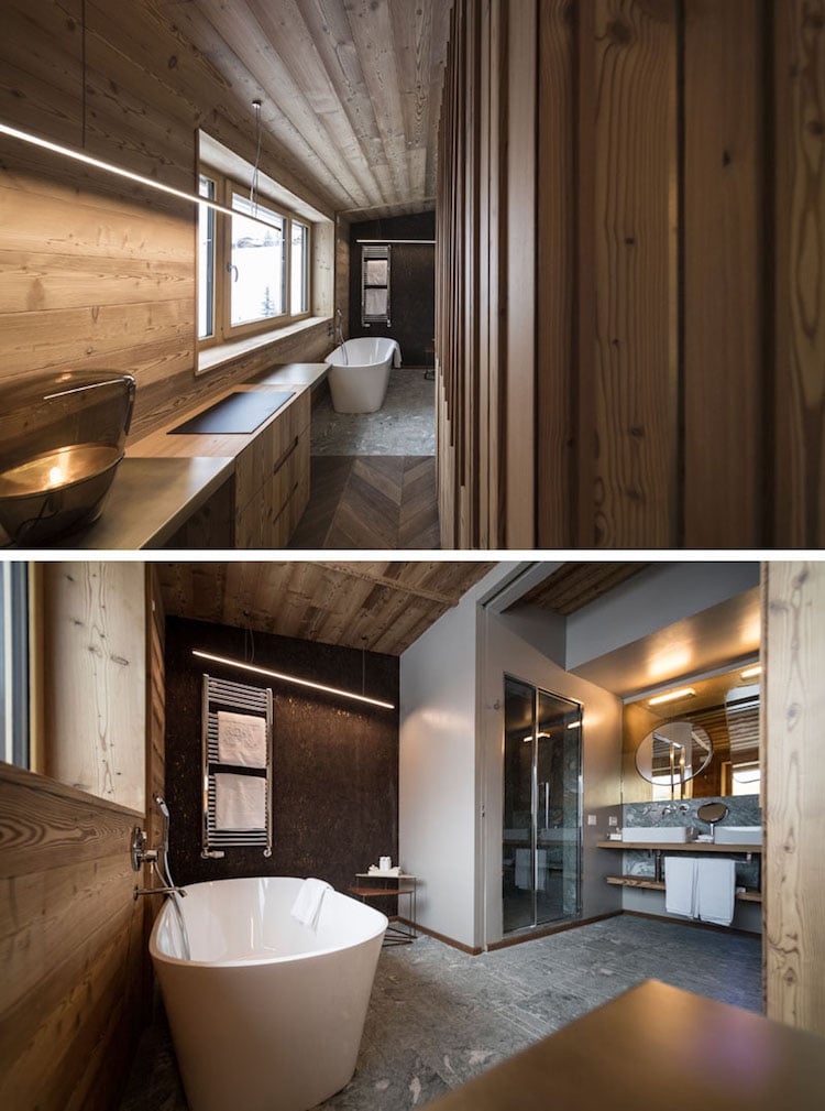 déco chalet moderne dans la salle de bains en bois avec baignoire îlot