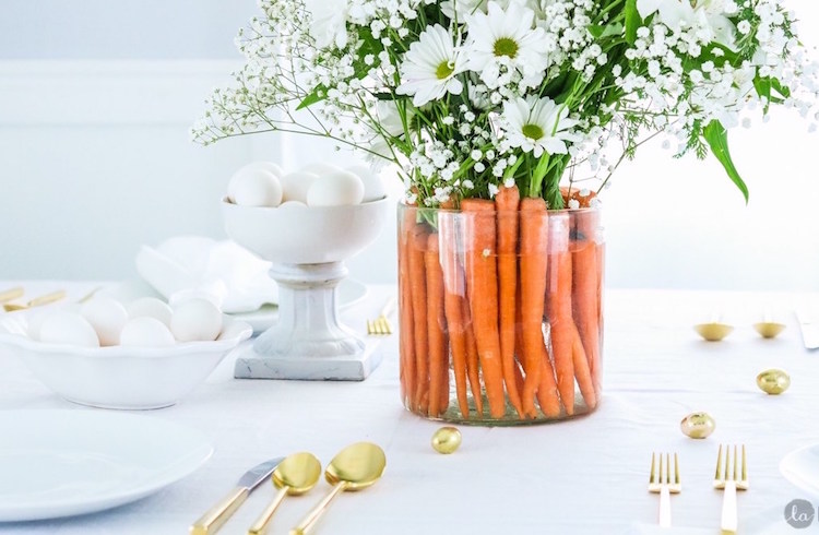 décoration de printemps légumes- centre de table carottes marguerittes gypsophiles