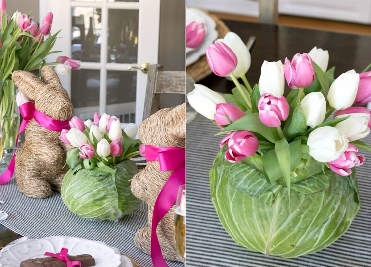 décoration de printemps légumes- vase à tulipes en chou à centre creux