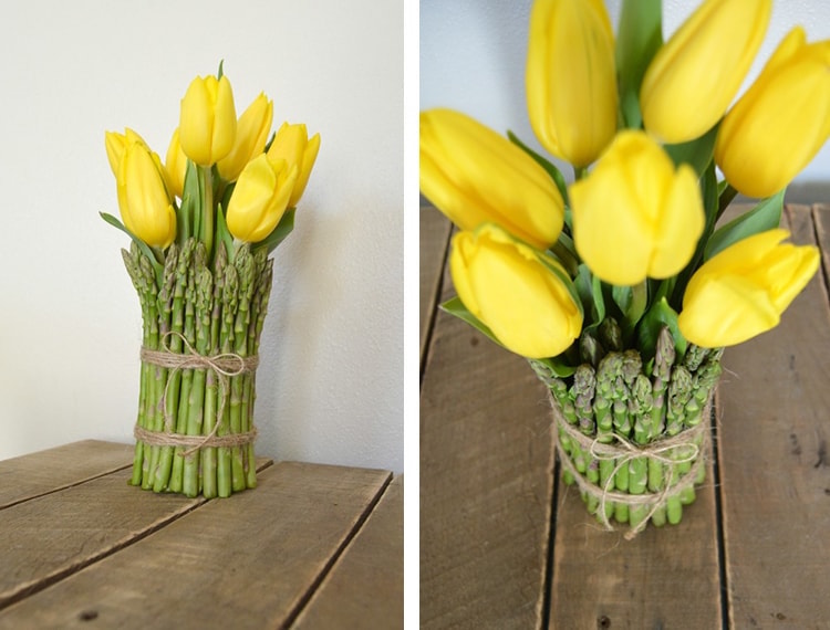 décoration de printemps légumes- vase d' asperges pour tulipes jaunes