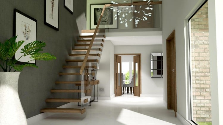 escalier moderne intérieur desing bois rampe verre idée aménagement grand espace