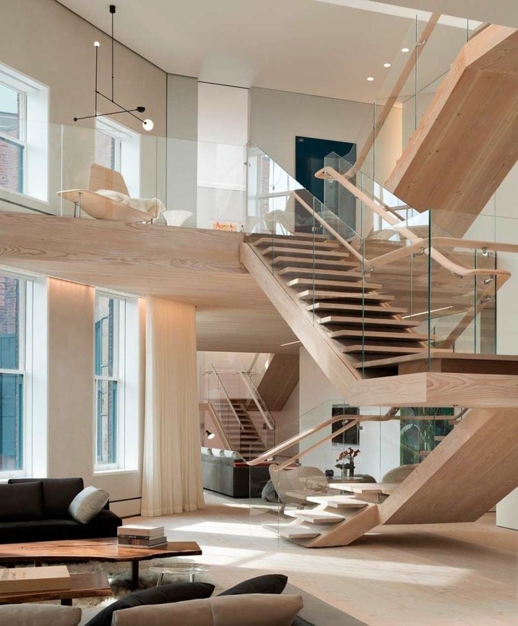 escalier moderne intérieur modèle demi tournant design bois clair idée aménagement grand espace