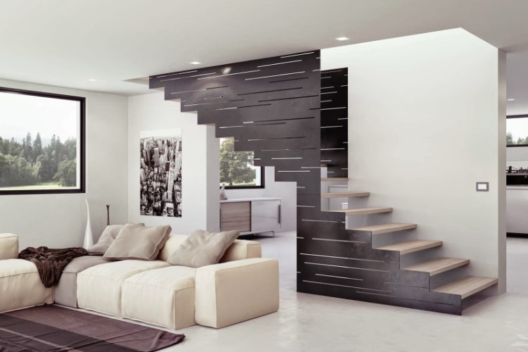 escalier moderne intérieur modèle insolite trompe oeil design acier marches suspendus bois