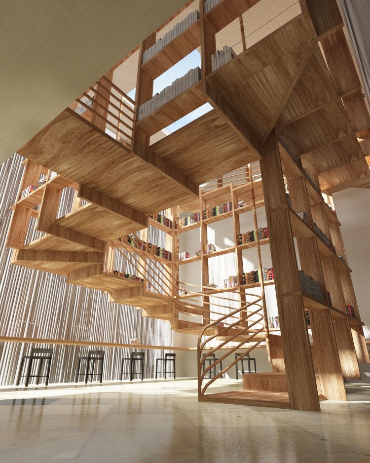 escalier moderne intérieur spacieux inspiration aménagement bibliothèque design bois