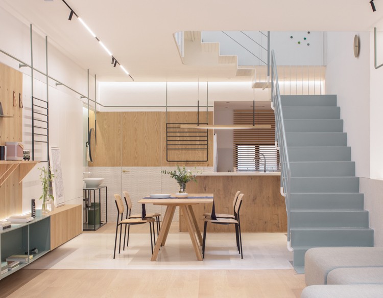 escalier quart tournant abritant cuisine moderne bois design maison moderne
