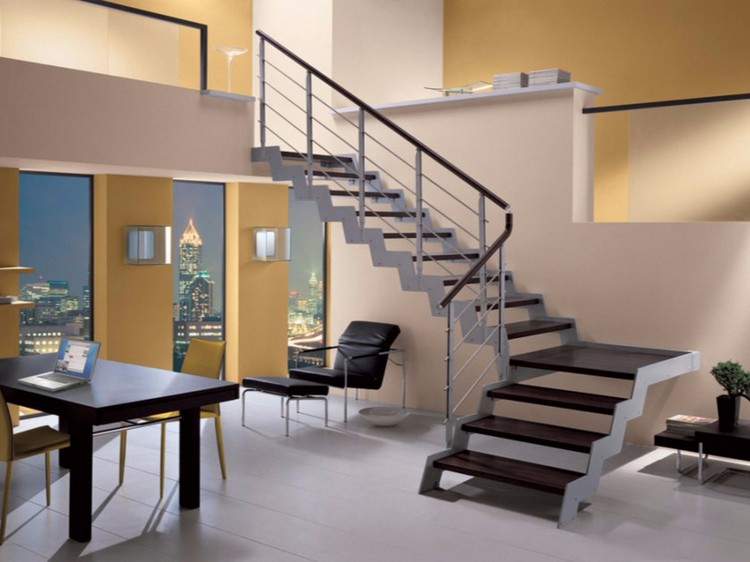 escalier quart tournant bois métal design moderne intérieur spacieux