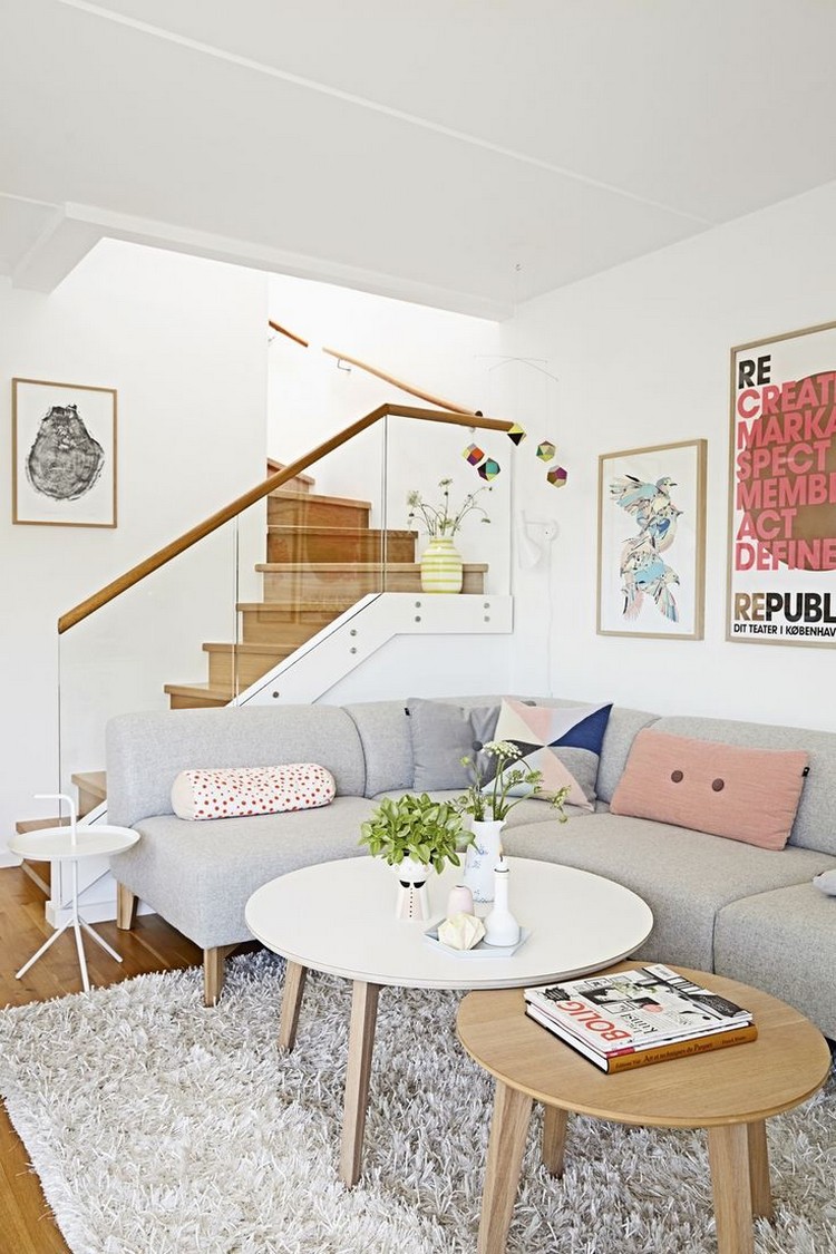 escalier quart tournant design pratique gain place aménagement salon cosy style scandinave