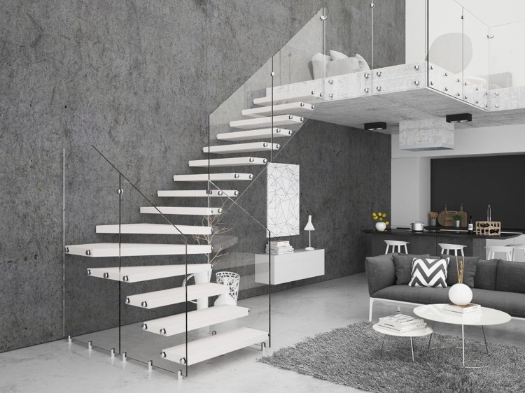 escalier quart tournant métal verre design salon moderne