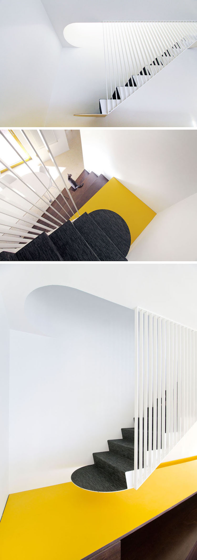 escalier suspendu metal blanc moquette grise palier jaune vif