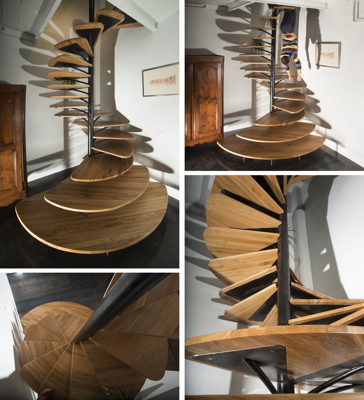 escaliers en colimaçon avec axe central métal marches bois design