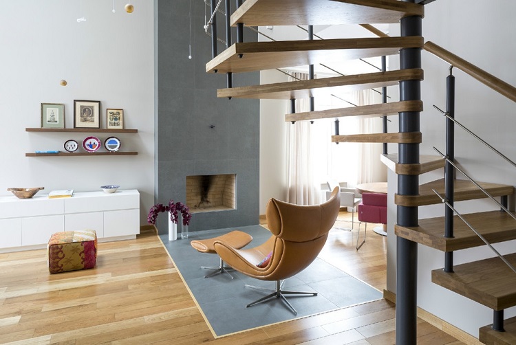 escaliers en colimaçon style contemporain appartement moderne idée déco coin détente