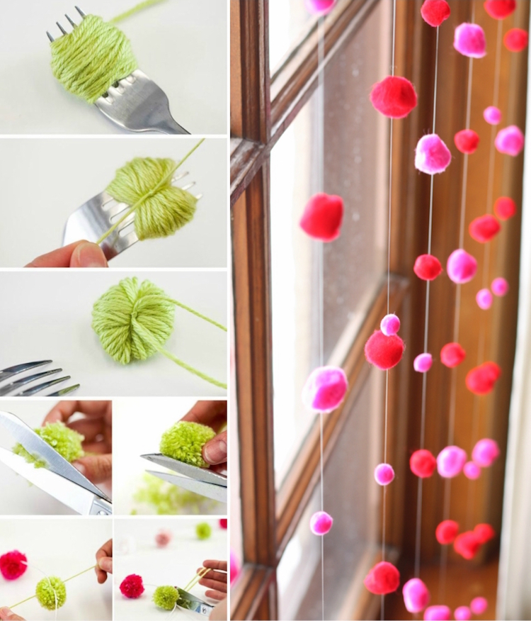 faire sa propre décoration de fenêtre pour le printemps - rideau en pompons