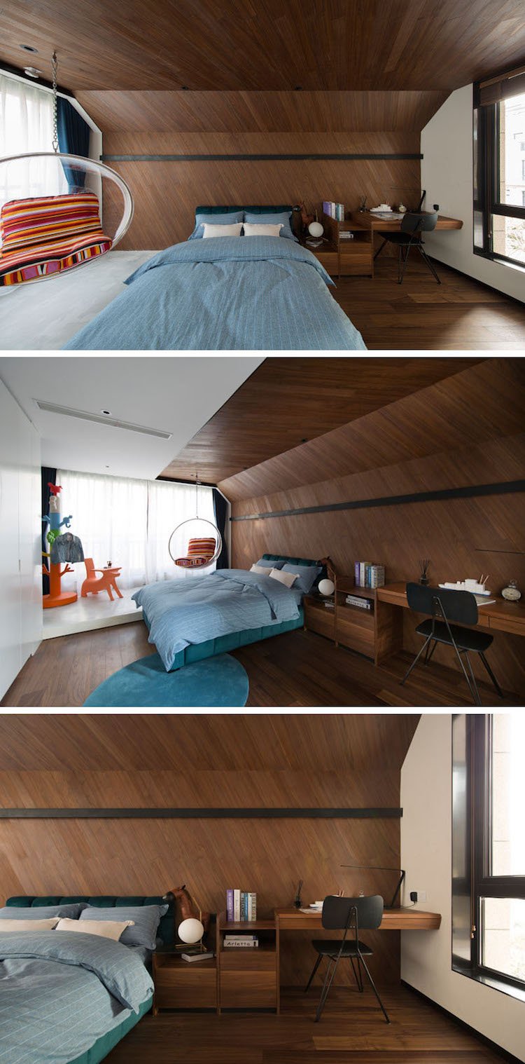revetement mur et plafond bois fonce chambre enfant moderne deco bleu sarcelle