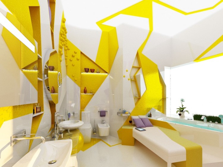 salle de bain moderne formes géométriques jaunes