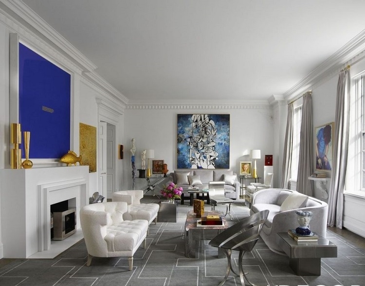 salon blanc et gris touches colorées tendance idées décoration intérieure contemporaine grand appartement