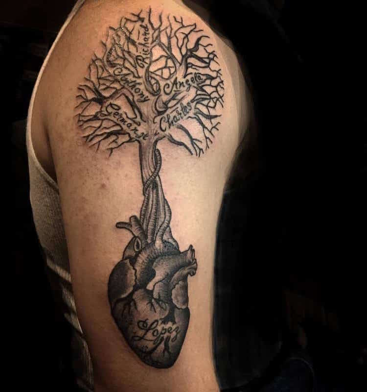 tatouage arbre de vie avec prénoms et coeur-racine