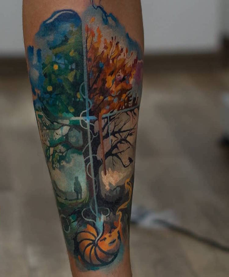 tatouage arbre de vie et saisons en couleur avant-bras