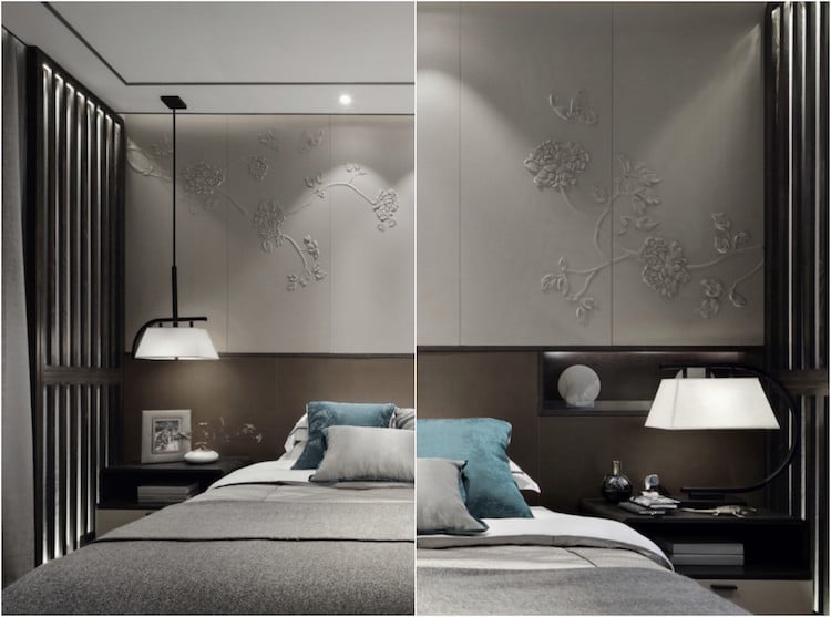 armoires chambre motif floral 3d literie grise coussins bleus