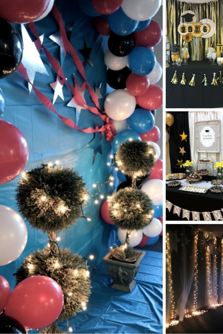 décoration bal de promo magnifique ballons petites guirlandes lumineuses coin buvette buffet coin photo