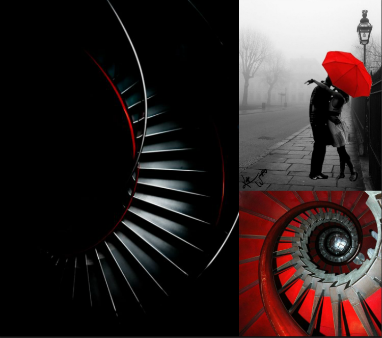 escalier spirale minimaliste noir à petit accent rouge et vice versa