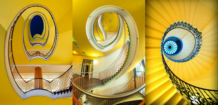 escaliers spirale contemporains en jaune en formes extraordinaires