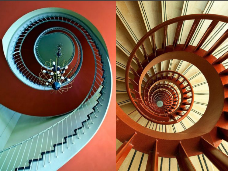 idées escalier spirale en rouge tuile et blanc avec éclairage réussi