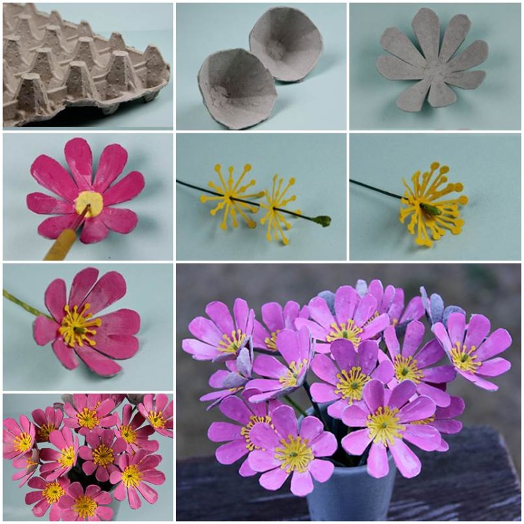 idée DIY enfant bricolage printemps enfants bouquet fleurs carton recyclé boîte oeufs