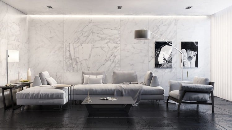 mur d'accent salon marbre blanc
