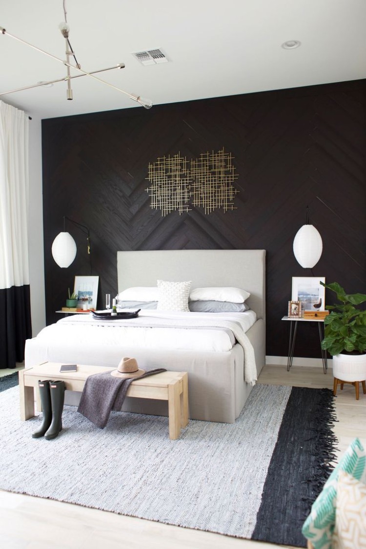 parquet point de Hongrie mural en bois laqué chambre coucher style nordique tendance