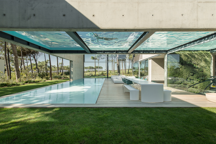 piscine fond transparent piscine enterree moderne terrasse bois