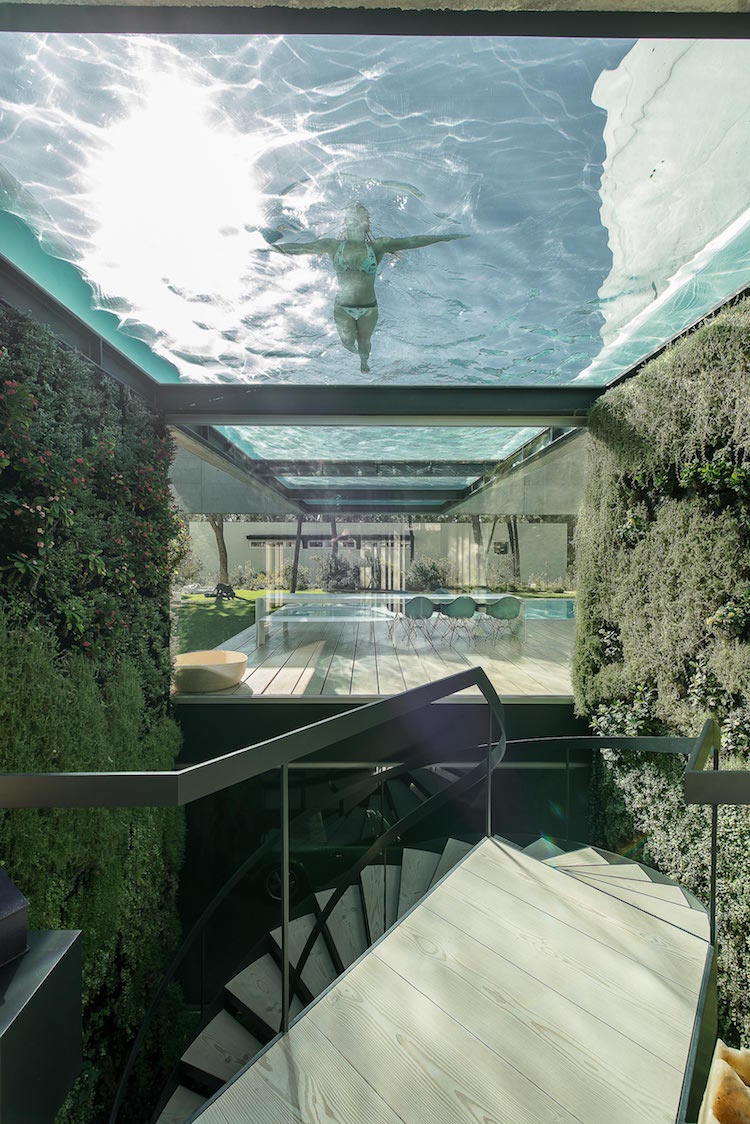 piscine fond transparent toit terrasse escalier exterieur bois metal