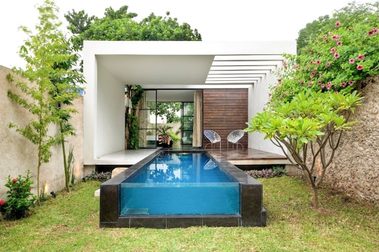 piscine paroi transparente terrasse extension maison arriere cour