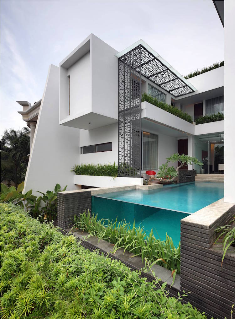 piscine transparente plantes vertes architecture moderne