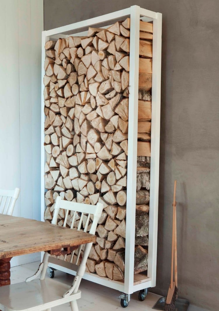 rangement bois de chauffage intérieur étagère blanche moderne