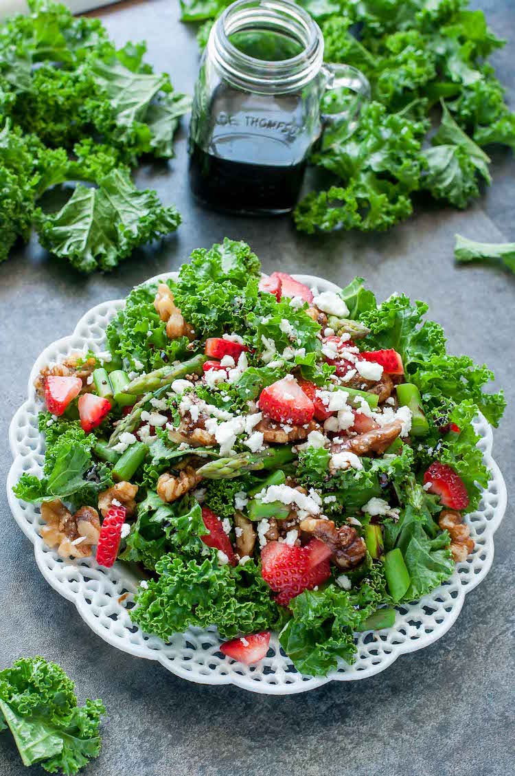 Spring Green Salad Recipe Kale Strawberry Feta Almonds