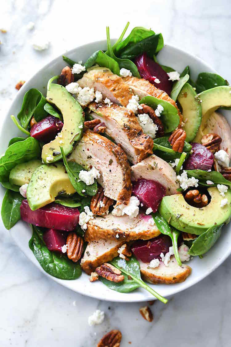 spring green salad recipe with spinach, avocado, beets, goat cheese, chicken