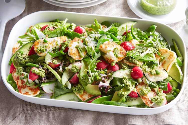 recipe green salad spring arugula radish hallumi cheese peas avocado