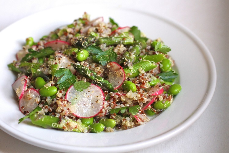 light spring salad red quinoa asparagus pink radish seasonal vegetables