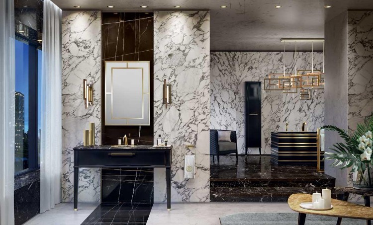 salle de bain en marbre blanc noir design ouvert sans pareil