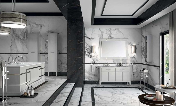 salle de bain en marbre blanc noir style minimaliste design luxueux
