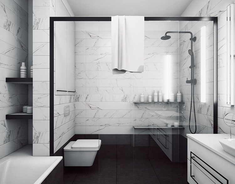salle de bain en marbre blanc rayures noires idée tendance design minimaliste