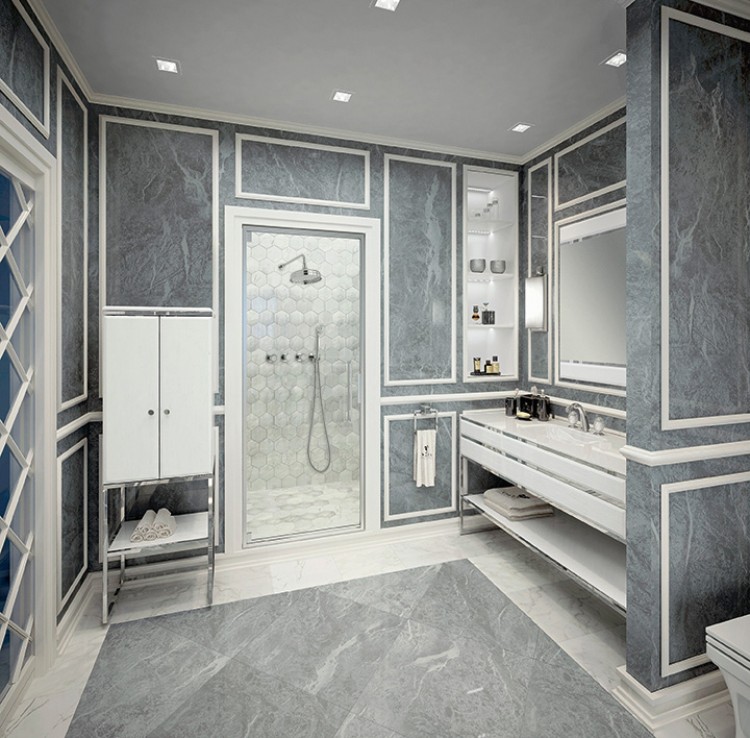 salle de bain en marbre gris blanc design luxueux aménagement grande salle eau