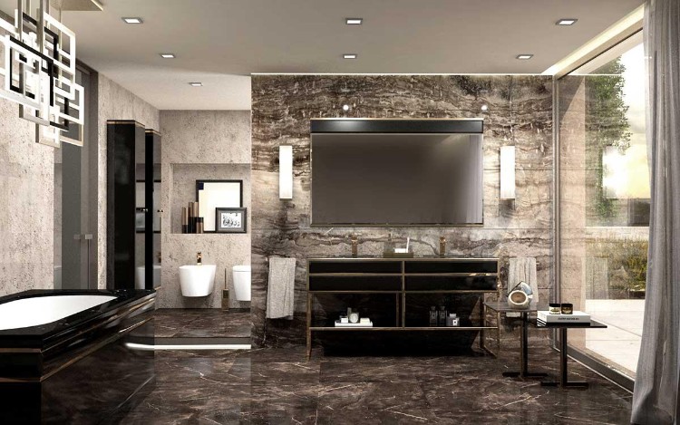 salle de bain en marbre marron accessoires salle eau tendance design luxe