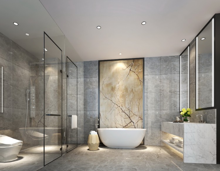 salle de bain en marbre mobilier carrelage revêtement mural style intemporel