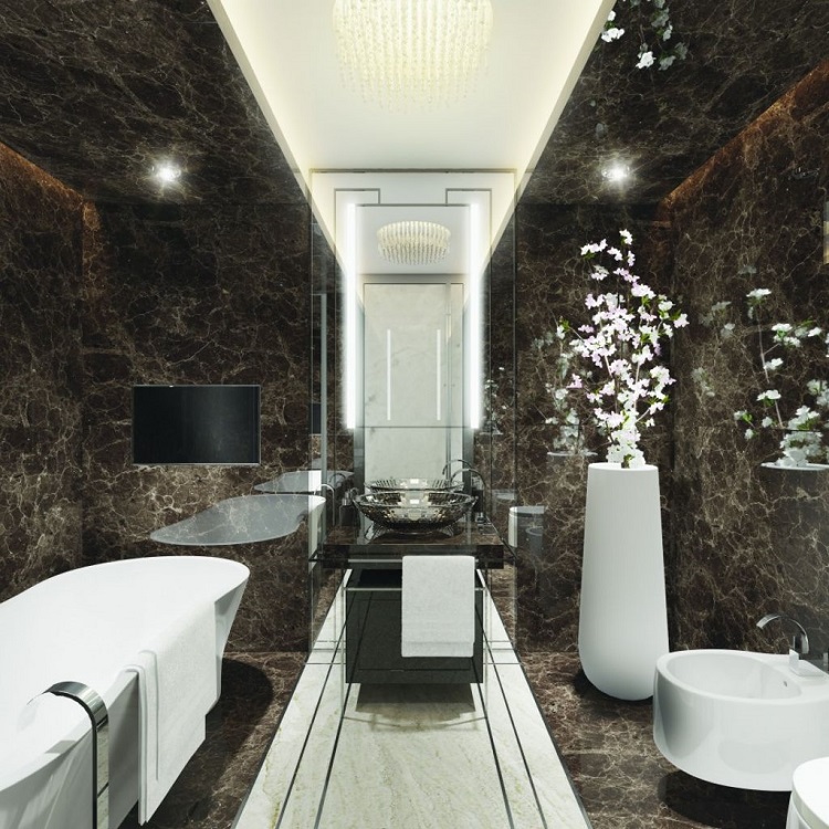 salle de bain en marbre teints marrons idée déco salle eau tendance