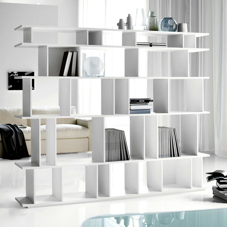 séparateur de pièce design minimal étagère moderne bois peint blanc séparation bibliothèque